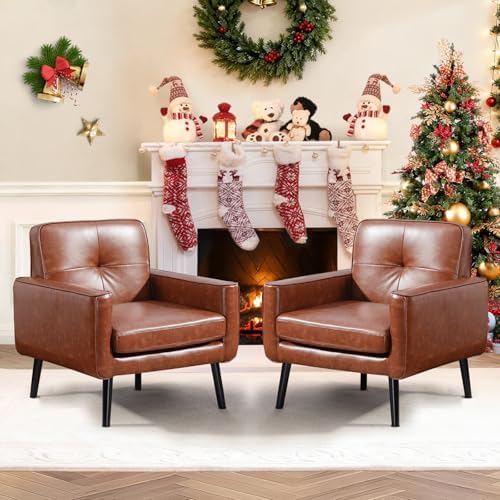 Vogue Furniture Direct Mid Century Accent Chair, PU Leather Modern Chair with Wooden Frame, Cozy Armchair Reading Chair with Comfy Back for Apartment, Living Room, Bedroom, Small Space, Corner, Brown — Brown / 1 (10)