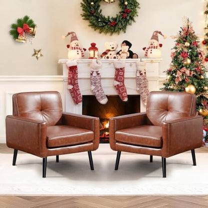 Vogue Furniture Direct Mid Century Accent Chair, PU Leather Modern Chair with Wooden Frame, Cozy Armchair Reading Chair with Comfy Back for Apartment, Living Room, Bedroom, Small Space, Corner, Brown — Brown / 1 (10)