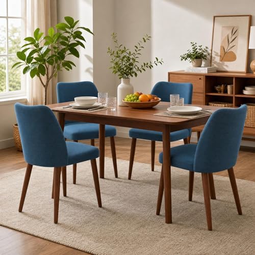 GarveeHome Wooden Dining Chair Set of 4 Upholstered Fabric Dining Chair | Modern Kitchen Chairs with Curved Backrest Leveling Feet for Dining Room, Living Room, , No tool assembly, No Wobble, White — Navy Blue (2)