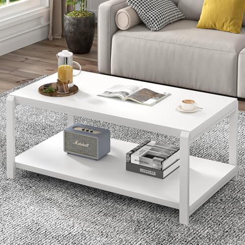 EXCEFUR Modern Coffee Table, Industrial Wood and Metal Center Table, Cocktail Tea Tables for Living Room, Rustic Brown — White Oak (2)