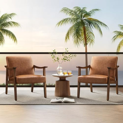 Yaheetech Faux Leather Accent Chair, Mid-Century Modern Armchair with Solid Wood Legs, Reading Leisure Chair with High Back for Living Room Bedroom Waiting Room, Set of 2, Brown