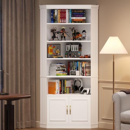 UPOSOJA 83” Tall Corner Bookshelf with Storage Cabinet, L-Shaped 5 Tier Bookcase Open Racks, Classical Style Bookshelves Adjustable Shelves, Home Office, Living Room & Kitchen