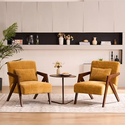Mid-Century Modern Accent Chair with Solid Wood Frame，Upholstered Chenille Living Room Arm Chairs with Pillow for Bedroom, Living Room, Balcony, Reading Room, Green — 1 / Orange (2)