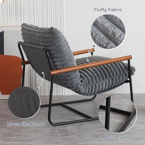MAXYOYO Accent Chair, Sherpa Arm Chair for Living Room, Mid Century Modern Accent Chairs, Boucle Reading Bedroom Chair, Teddy Armchair, Wooden Arms Metal Frame