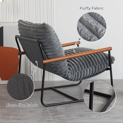 MAXYOYO Accent Chair, Sherpa Arm Chair for Living Room, Mid Century Modern Accent Chairs, Boucle Reading Bedroom Chair, Teddy Armchair, Wooden Arms Metal Frame