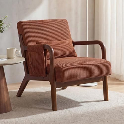 DUMOS Mid Century Modern Accent Chair, Upholstered Armchair with Lumbar Pillow and Solid Wood Frame, Comfy Reading Chair for Small Living Room, Bedroom, Guest Room, Navy Blue — Orange / 1 PC (2)