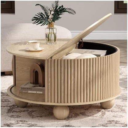 JOINICE 31.5" Round Coffee Table with Storage for Living Room, Walnut | Hidden Storage,Fluted Sliding Door,Mid Century Furniture for Small Apartments,Solid Wood Legs,Easy Assembly,Up to 110 lbs — Oak_round (Bun Feet) (2)