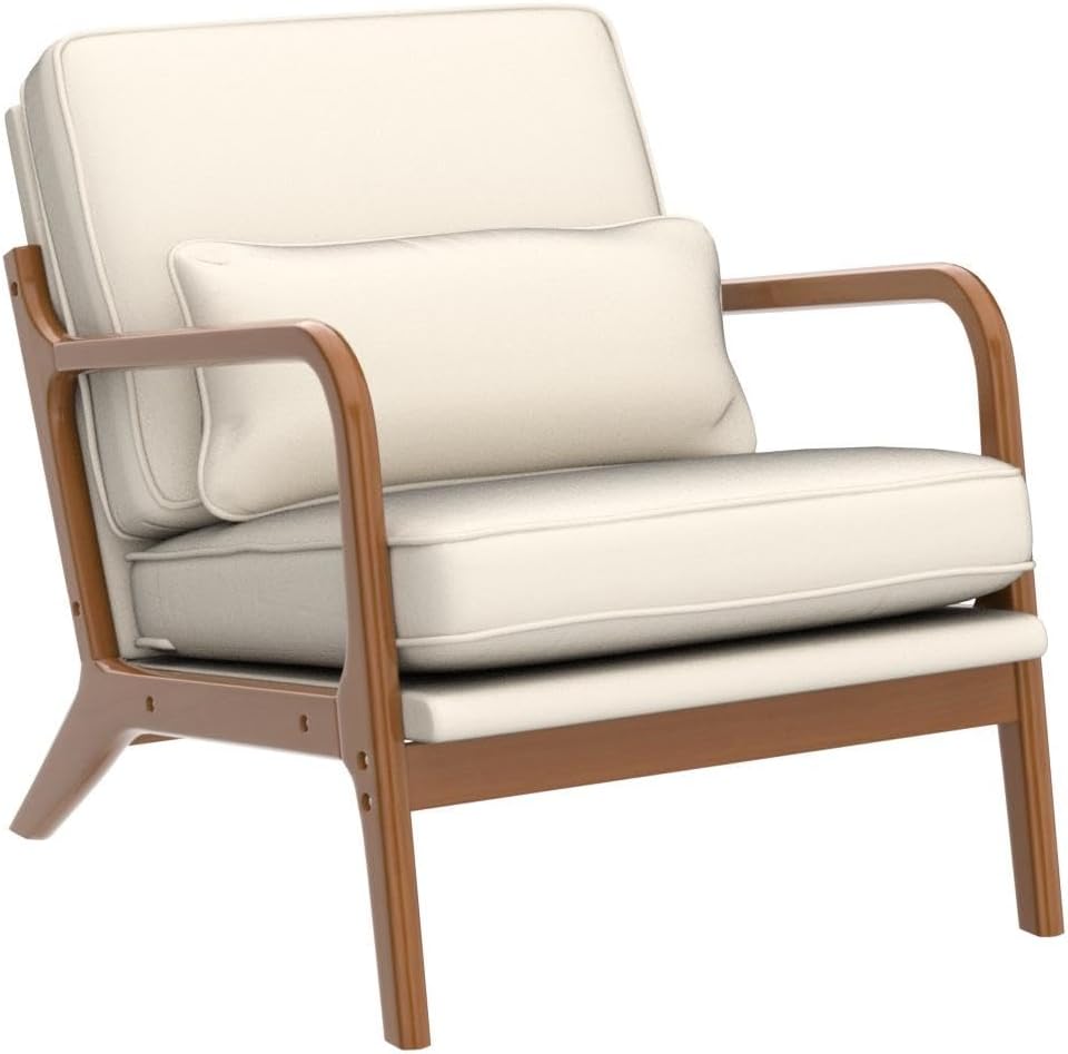 Karl home Mid-Century Modern Accent Reading Chair, Beige | Linen Upholstered, Solid Wood Frame, Soft Cushion, Lumbar Pillow, Lounge Armchair for Living Room, Bedroom, Balcony, Study — Linen Beige (4)