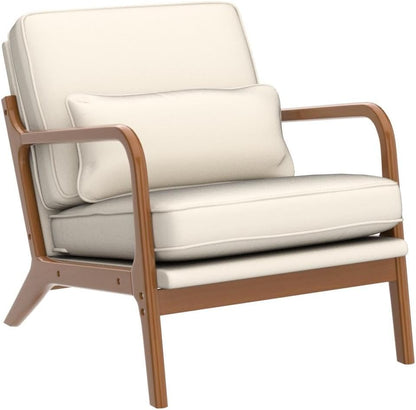 Karl home Mid-Century Modern Accent Reading Chair, Beige | Linen Upholstered, Solid Wood Frame, Soft Cushion, Lumbar Pillow, Lounge Armchair for Living Room, Bedroom, Balcony, Study — Linen Beige (4)