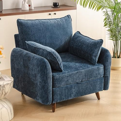Rexulqo Oversized Accent Chair with All Seats Storage,Comfy Living Room Chairs with 2 Throw Pillow,Upholstered Mid-Century Armchair,24.5'' Deep Seat,Reading Chair for Bedroom,Office,Chenille,Orange — 1*Chair + 1*Ottoman / Blue (2)