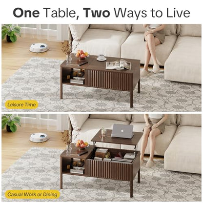 Fluted Lift Top Coffee Table with Hidden & Open Storage, Rectangle Modern Coffee Table for Living Room, Smooth Hydraulic Lift, Large Capacity, Safe Round Corners, Easy to Clean, Vertical Grain-Brown