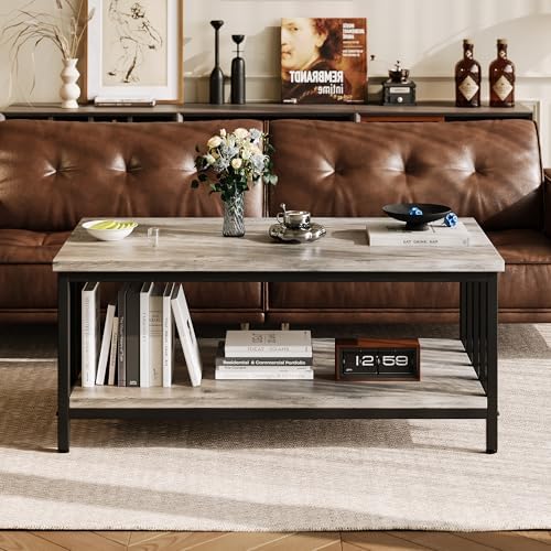 Homeiju Coffee Table for Living Room with Slatted Sides Frame, Modern Farmhouse Living Room Table with 2-Tier Storage Shelf for Home Office, Apartment, Grey Wash, 39 inch
