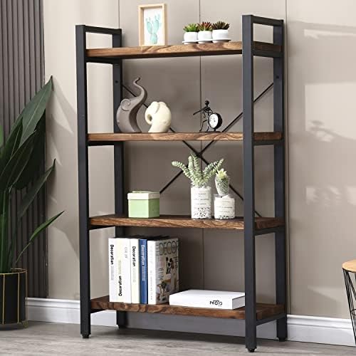 WH-AOERPUMY 5 Tier Bookcase, Solid Wood Bookshelf Rustic Vintage Industrial Etagere Bookcase, Metal and Wood Free Vintage Bookshelf, Retro Brown (5-Tiers)