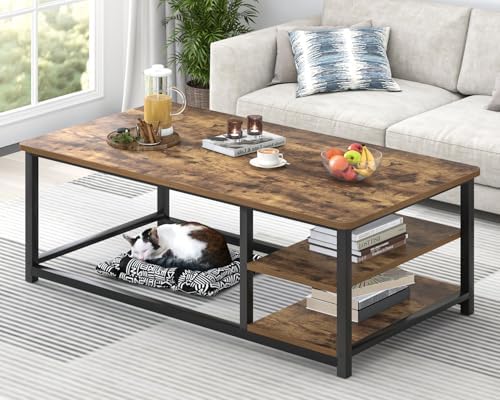 EXCEFUR Modern Coffee Table, Rustic Wood and Metal Living Room Table with Storage Shelf, Industrial Brown, 47 Inch — Rustic Brown (10)