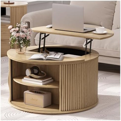 JOINICE 31.5" Round Coffee Table with Storage for Living Room, Walnut | Hidden Storage,Fluted Sliding Door,Mid Century Furniture for Small Apartments,Solid Wood Legs,Easy Assembly,Up to 110 lbs — Oak_round (Lift Top) (2)