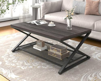 LVB Coffee Table for Living Room, 2 Tier Tea Table, 47 inch, Rustic Brown | Industrial Metal Wood Coffee Table with Storage, Farmhouse Wooden Rectangle Center Table with Mesh Shelf for Office Bedroom
