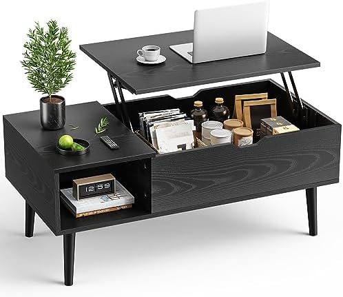 OLIXIS Wooden Coffee Table, Lift Top Coffee Table with Large Hidden Compartment and Ample Storage Shelf, Lift Tabletop Dining Table for Living Room, Home Small Space, Rustic — Black / 39.4 In (2)
