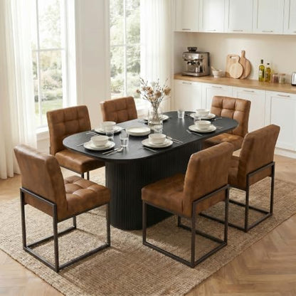 GrandNoor Coffee Faux Leather Dining Chairs Set of 4, Mid-Century Modern Dining Room Chairs with Armless, Checkered Kitchen Chair with Metal Legs