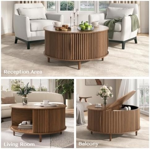 JOINICE 31.5" Round Coffee Table with Storage for Living Room, Walnut | Hidden Storage,Fluted Sliding Door,Mid Century Furniture for Small Apartments,Solid Wood Legs,Easy Assembly,Up to 110 lbs