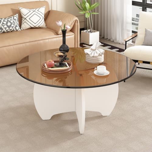 31.5'' Round Coffee Table with Tempered Glass Top, Modern Center Table for Small Spaces - Sturdy Black Board Frame, Simple Design for Living Room, Home, Office - Easy Assembly. — White (2)