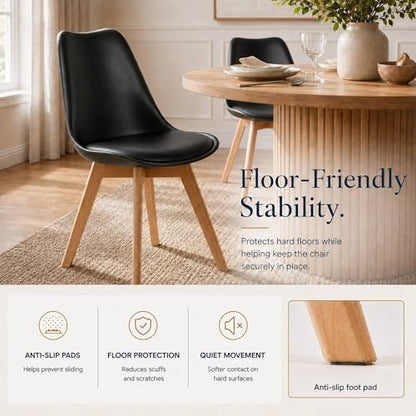 Dining Chairs Set of 4, Modern Upholstered Dining Room Chairs with PU Leather Padded Seat, Armless Kitchen Chairs with Curved Backrest and Solid Wood Legs for Dining Room, Kitchen, Apartment, Black