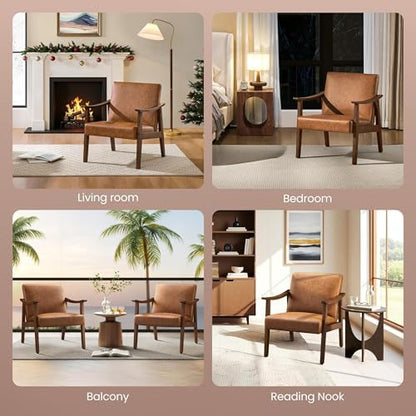 Yaheetech Faux Leather Accent Chair, Mid-Century Modern Armchair with Solid Wood Legs, Reading Leisure Chair with High Back for Living Room Bedroom Waiting Room, Set of 2, Brown