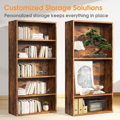 Sweetcrispy 5 Shelf Bookcase Open Display Bookshelf Storage Organizer | 53 Inches Tall Book Shelf Floor Standing Corner Unit, Living Room, Home Office, Kitchen, Bedroom, Rustic Brown Wood