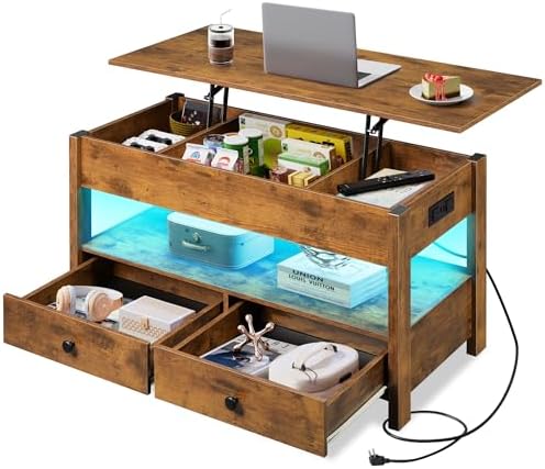 WLIVE Coffee Table with Lifting Top, Hidden Storage & Adjustable Shelf for Living Room Small Space, Multifunctional Rising Wooden Center Table, Mid Century Modern Tables for Home Dining Office, Brown