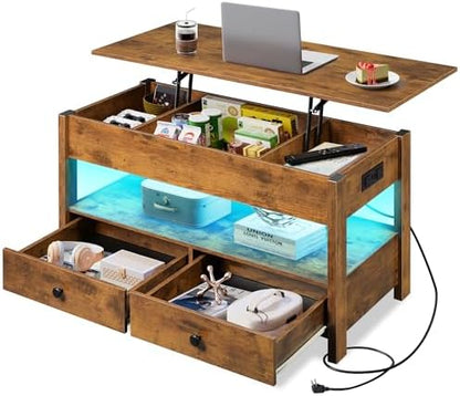 WLIVE Coffee Table with Lifting Top, Hidden Storage & Adjustable Shelf for Living Room Small Space, Multifunctional Rising Wooden Center Table, Mid Century Modern Tables for Home Dining Office, Brown