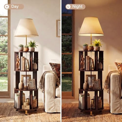 Tribesigns 62.2'' Wood Bookcase with Light, 4 Tier Bookshelf Floor Lamp | Modern Freestanding Storage Shelf with Linen Fabric Shade, Corner Bookcase with Reading Light for Living Room, Bedroom
