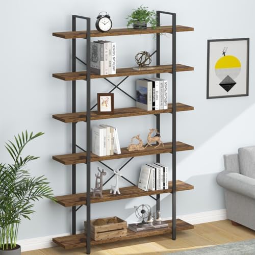 HSH White Bookshelf, 6 Tier Tall Bookcases for Bedroom Living Room Office | Industrial Modern Vertical Metal and Wood Bookcases, Farmhouse 6 Shelf Open Large Storage Book Shelves Display Book Shelf — 5-Tier / Rustic Brown (2)