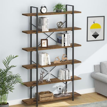 HSH White Bookshelf, 6 Tier Tall Bookcases for Bedroom Living Room Office | Industrial Modern Vertical Metal and Wood Bookcases, Farmhouse 6 Shelf Open Large Storage Book Shelves Display Book Shelf — 5-Tier / Rustic Brown (2)