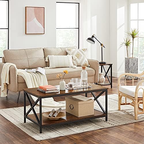 VASAGLE Coffee Table, Cocktail Table with Storage Shelf and X-Shape Steel Frame, Industrial Farmhouse Style, 39.4 x 21.7 x 17.7 Inches, Rustic Brown and Black ULCT200B01V1