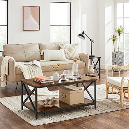 VASAGLE Coffee Table, Cocktail Table with Storage Shelf and X-Shape Steel Frame, Industrial Farmhouse Style, 39.4 x 21.7 x 17.7 Inches, Rustic Brown and Black ULCT200B01V1