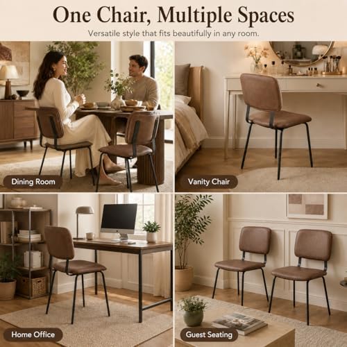 Brown Dining Chairs Set of 2, Faux Leather Upholstered Kitchen & Dining Room Chairs with Back, Modern Armless Side Chairs with Black Metal Legs for Dining Room, Kitchen, Vanity, Guest Room