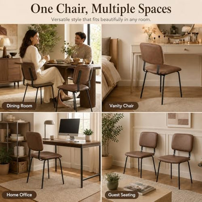 Brown Dining Chairs Set of 2, Faux Leather Upholstered Kitchen & Dining Room Chairs with Back, Modern Armless Side Chairs with Black Metal Legs for Dining Room, Kitchen, Vanity, Guest Room