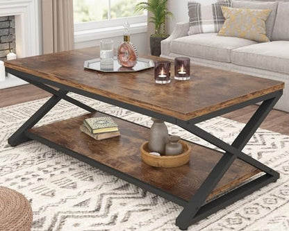 HSH Rustic Farmhouse Coffee Table, Modern Minimalist Wood and Metal Living Room Table, 2 Tie Rectangle Center Table with Storage & Display Shelf, Simple Office Cocktail Tea Table, Rustic Oak, 39 Inch