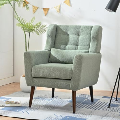 Accent Chair, Comfy Upholstered Living Room Chairs with High Tufted Backrest and Pillow, Wingback Reading Chair with Solid Wood Legs for Bedroom/Office,Teddy Fabric, Light Green — Set of 1 / Light Green(a) (11)