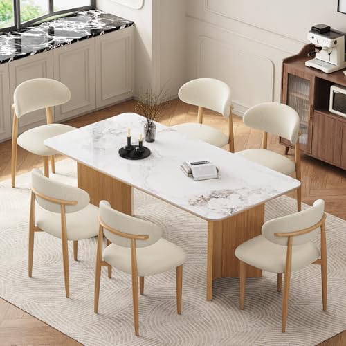 Dining Chairs Set of 4, Modern Fabric Upholstered Dining Room Chair MetalKitchen Chairs, Farmhouse Dinner Chair for Kitchen Dining Room, Beige — Beige Seat /Wood-grain Metal Legs / 4 (10)