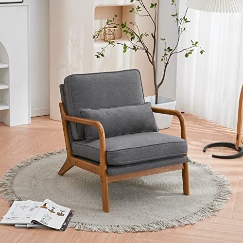 Karl home Mid-Century Modern Accent Reading Chair, Beige | Linen Upholstered, Solid Wood Frame, Soft Cushion, Lumbar Pillow, Lounge Armchair for Living Room, Bedroom, Balcony, Study — Linen Gray (2)
