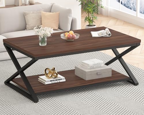 HSH Rustic Farmhouse Coffee Table, Modern Minimalist Wood and Metal Living Room Table, 2 Tie Rectangle Center Table with Storage & Display Shelf, Simple Office Cocktail Tea Table, Rustic Oak, 39 Inch — 39 Inch / Walnut (2)