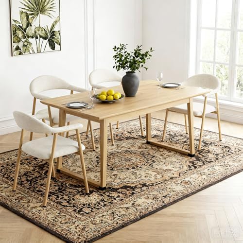 DUMOS Dining Chairs Set of 4, Linen Fabric Upholstered Kitchen Side Chairs with Curved Backrest & Metal Legs, Modern Farmhouse Accent Chair for Dining Room Kitchen Living Room Cafe, Beige