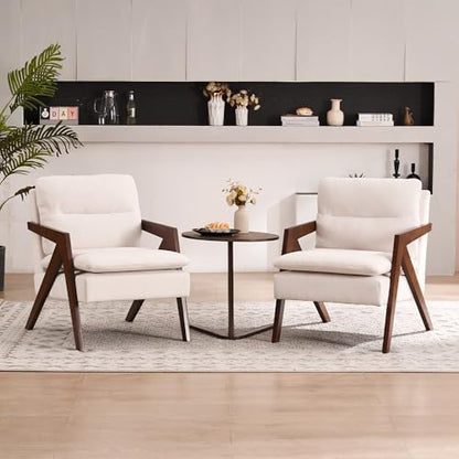 Mid-Century Modern Accent Chair with Solid Wood Frame，Upholstered Chenille Living Room Arm Chairs with Pillow for Bedroom, Living Room, Balcony, Reading Room, Green — 1 / Chenille Beige (2)