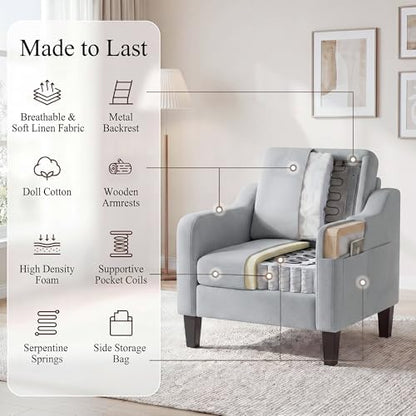 Accent Chair for Living Room, Mid-Century Upholstered Armchair with Foldable Table & 2 Side Pockets, Modern Linen Wooden Sofa Chair for Bedroom & Reading Room, Light Grey