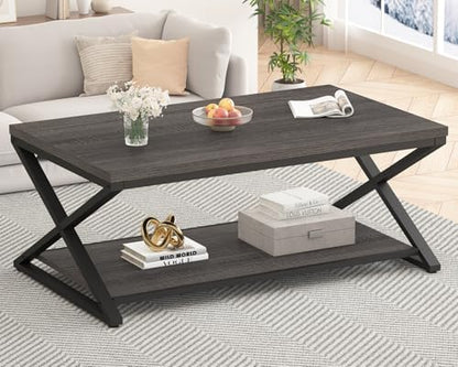 HSH Rustic Farmhouse Coffee Table, Modern Minimalist Wood and Metal Living Room Table, 2 Tie Rectangle Center Table with Storage & Display Shelf, Simple Office Cocktail Tea Table, Rustic Oak, 39 Inch — 39 Inch / Dark Gray Oak (2)