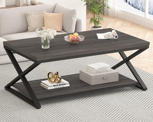 HSH Wood Coffee Table with Storage, Farmhouse Rustic Brown Coffee Table for Living Room, Modern Minimalist 2 Tier Center Table, Simple Rectangle Cocktail Tea Table in Home Office Bedroom, 39 Inch — 39 Inch / Dark Gray Oak (2)