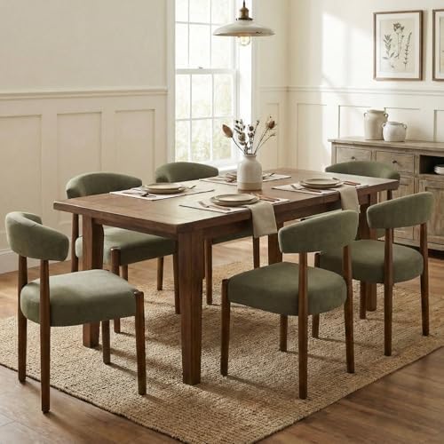 VKNOW Wooden Dining Chairs Set of 4, Modern Upholstered Dining Room Chairs with Walnut Wood Legs and Curved Backrest, Fabric Kitchen Chairs for Farmhouse/Living Room/Dining Room, Green