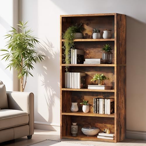 Sweetcrispy 5 Shelf Bookcase Open Display Bookshelf Storage Organizer | 53 Inches Tall Book Shelf Floor Standing Corner Unit, Living Room, Home Office, Kitchen, Bedroom, Rustic Brown Wood