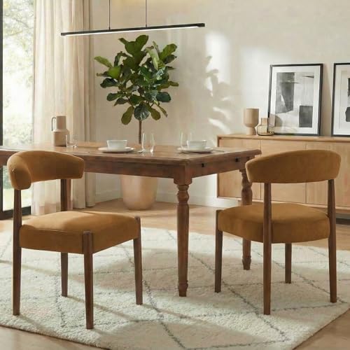 VKNOW Wooden Dining Chairs Set of 4, Modern Upholstered Dining Room Chairs with Walnut Wood Legs and Curved Backrest, Fabric Kitchen Chairs for Farmhouse/Living Room/Dining Room, Green