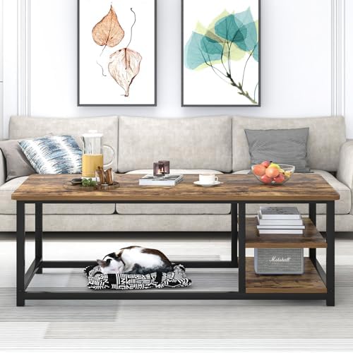 EXCEFUR Modern Coffee Table, Rustic Wood and Metal Living Room Table with Storage Shelf, Industrial Brown, 47 Inch